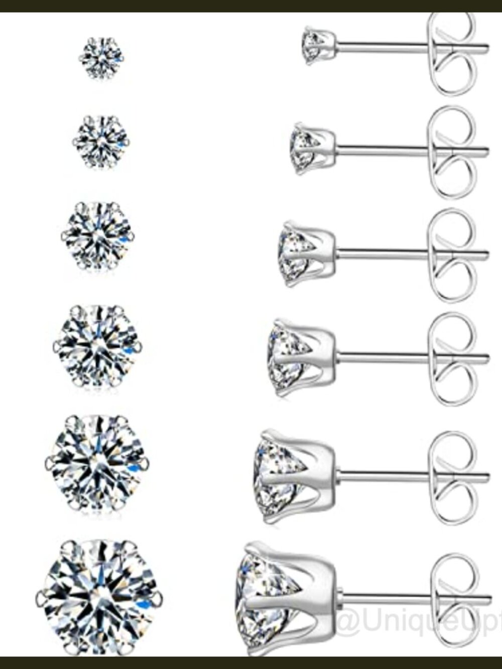 6 Pairs Hypoallergenic Stainless Steel Stud Earrings Cubic Zirconia 14K Gold
